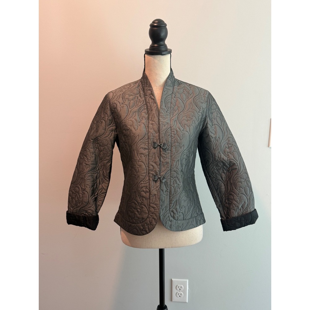 J. Jill Vintage Gray Silk Quilted Asian Frog Button Jacket Women's Size XS